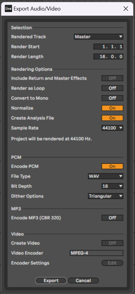 Ableton export dialog with the normalize option enabled