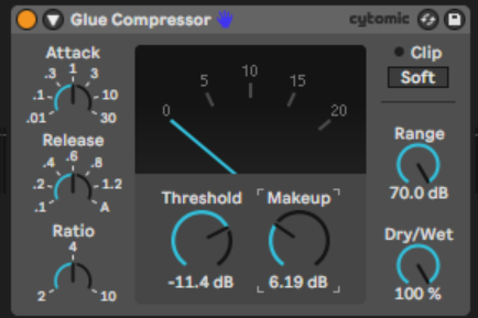 Ableton's glue compressor with a threshold of -11.4 and makeup gain of 6.4db