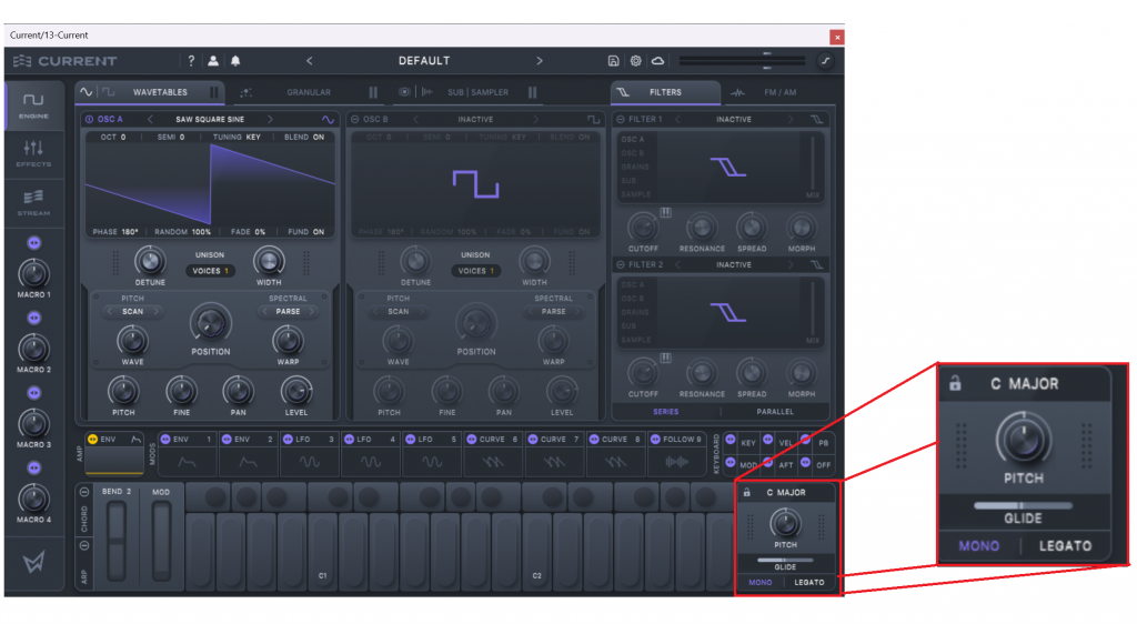 Minimal Audio current VST plug-in window with the bottom right section highlighted showing mono enabled and glide time set